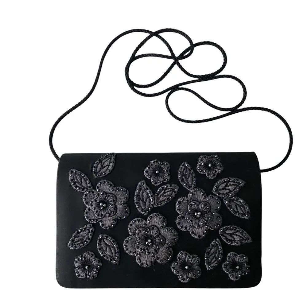 Vintage Elegant Black Beaded Floral Accent Sling Bag